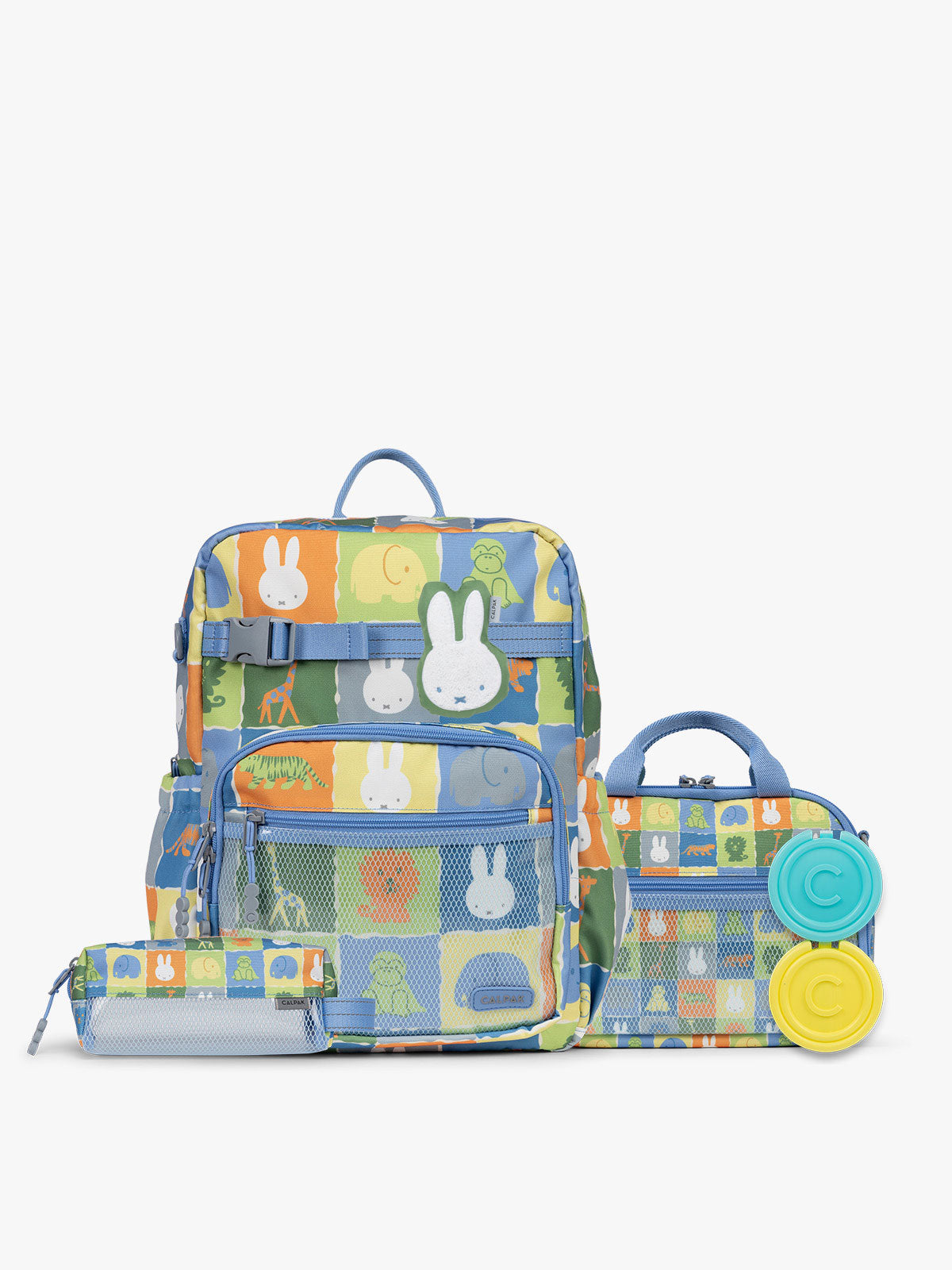 Colorful CALPAK + Miffy Kids Essentials Set with children's Large backpack, lunch bag , pencil case set on a white background with blue accents and Miffy with other animals; BCKL5000-MIFFY-BLUE-ZOO-TRIP