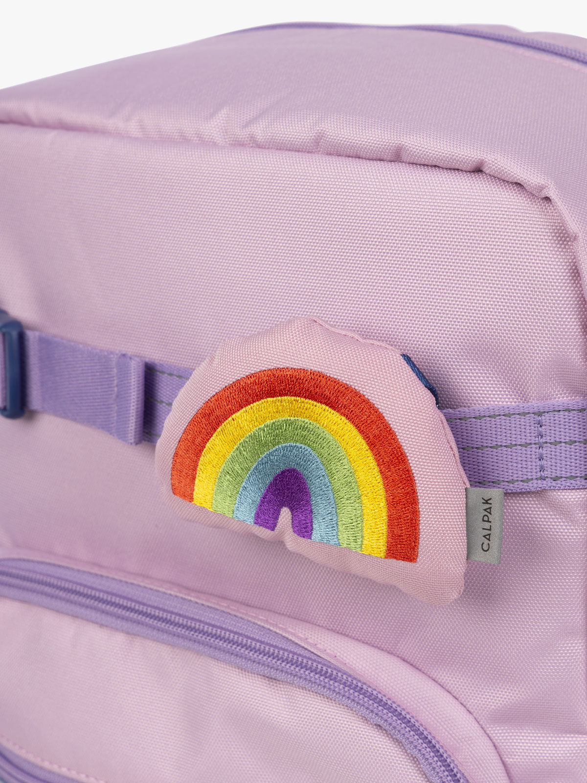 CALPAK Kids Collection Rainbow Pluffy Bag Charm attached to Kids Large pink lavender Backpack; BCKL5000-ORCHID-PINK