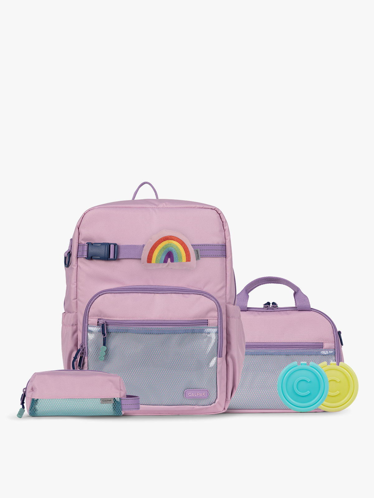 CALPAK Kids Collection Large Kids Backpack Bundle in pink lavender Orchid Pink that includes Kids Lunch Bag, Kids Pencil Case, Rainbow Pluffy Bag Charm, and Set of 2 Ice Packs in a kid's room; BCKL5000-ORCHID-PINK