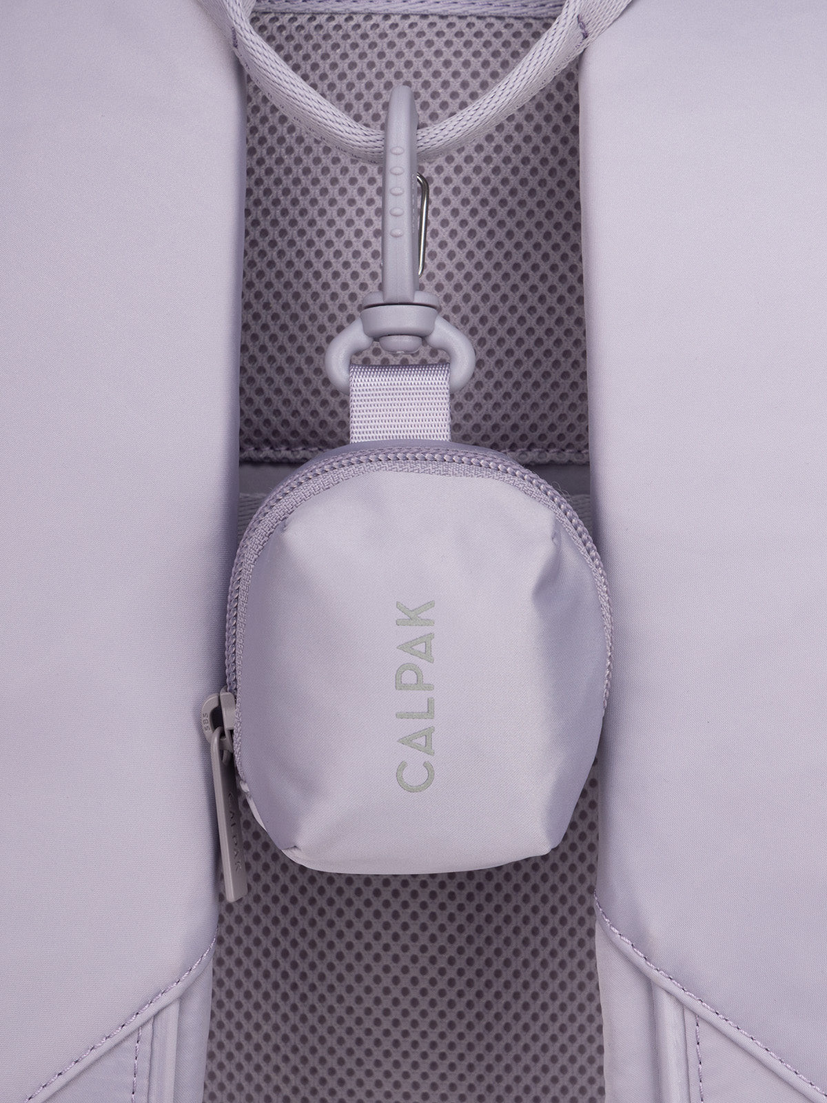 CALPAK Fit Zip Bag Charm in purple Iris with hook and zipper hooked on bag; KPF2601-IRIS