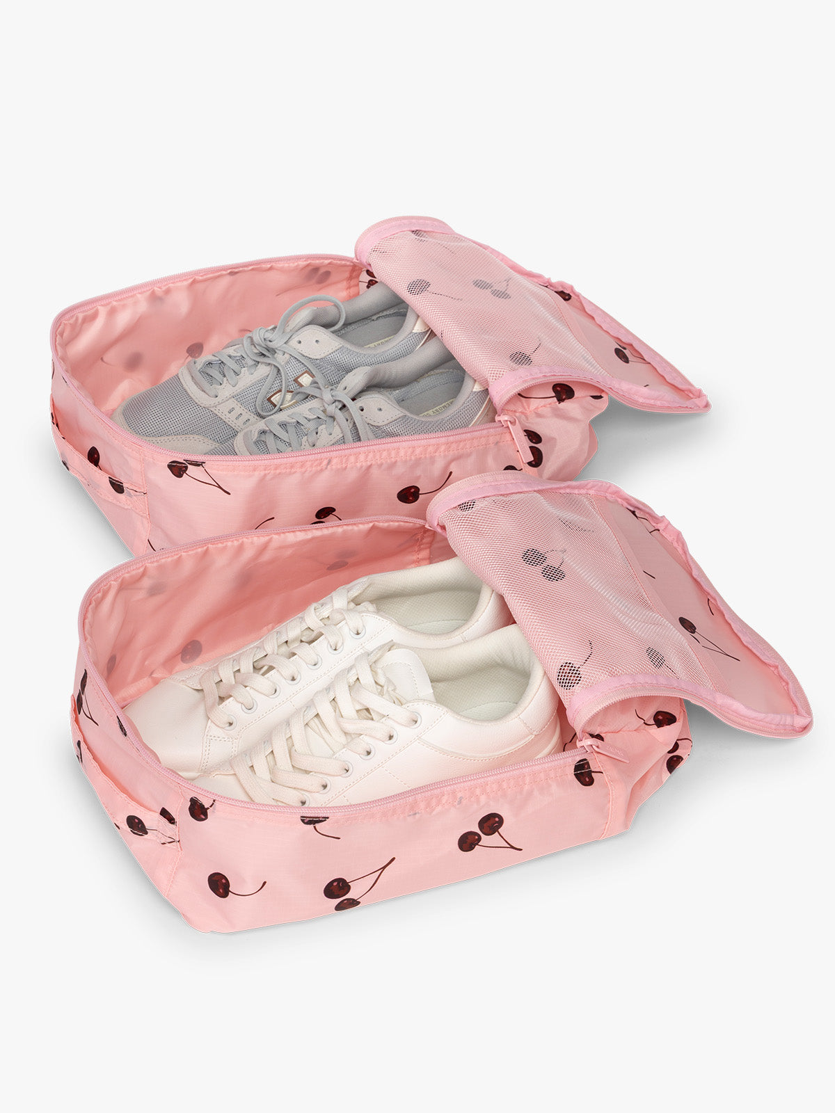 Opened CALPAK Shoe Cubes pink with cherry print with shoes inside; KSB2001-BLOSSOM-CHERRY