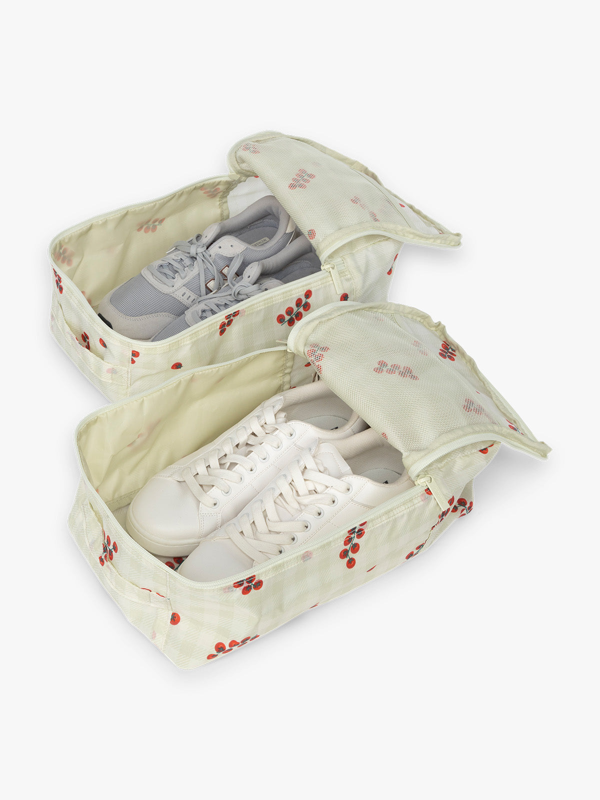 Shoes inside CALPAK Shoe Bag in white and green gingham pattern with tomato print ; KSB2001-CELADON-TOMATO-PICNIC