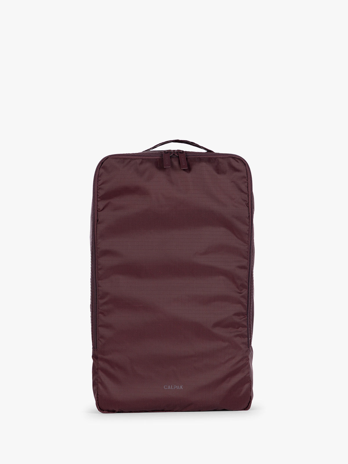 Burgundy Dark Cherry rectangular CALPAK shoe cube with zippers and top handle shown on a plain background; KSB2001-DARK-CHERRY