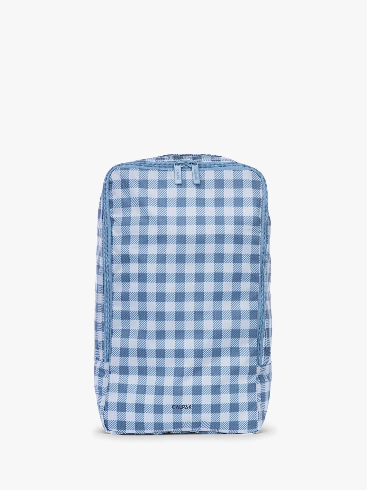 Closeup of CALPAK Shoe Cubes (set of 2) in blue and white gingham print in French Blue Gingham; KSB2001-FRENCH-BLUE-GINGHAM