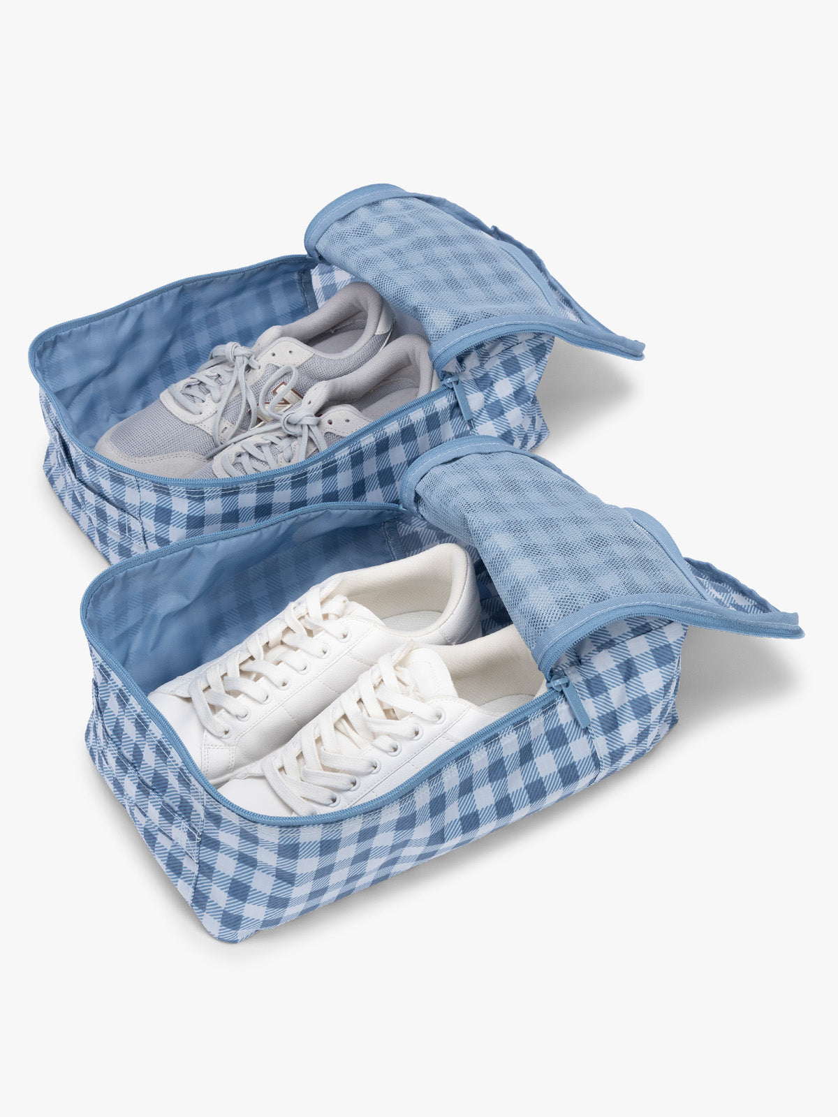 Shoes in the CALPAK Shoe Cubes (set of 2) in blue and white gingham print in French Blue Gingham; KSB2001-FRENCH-BLUE-GINGHAM