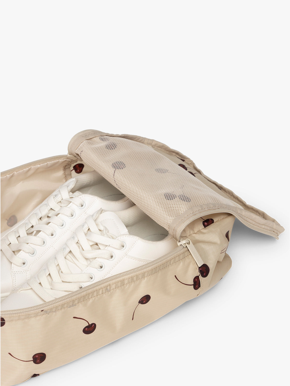 Shoe inside CALPAK Shoe Cubes oatmeal with cherry print; KSB2001-OATMEAL-CHERRY
