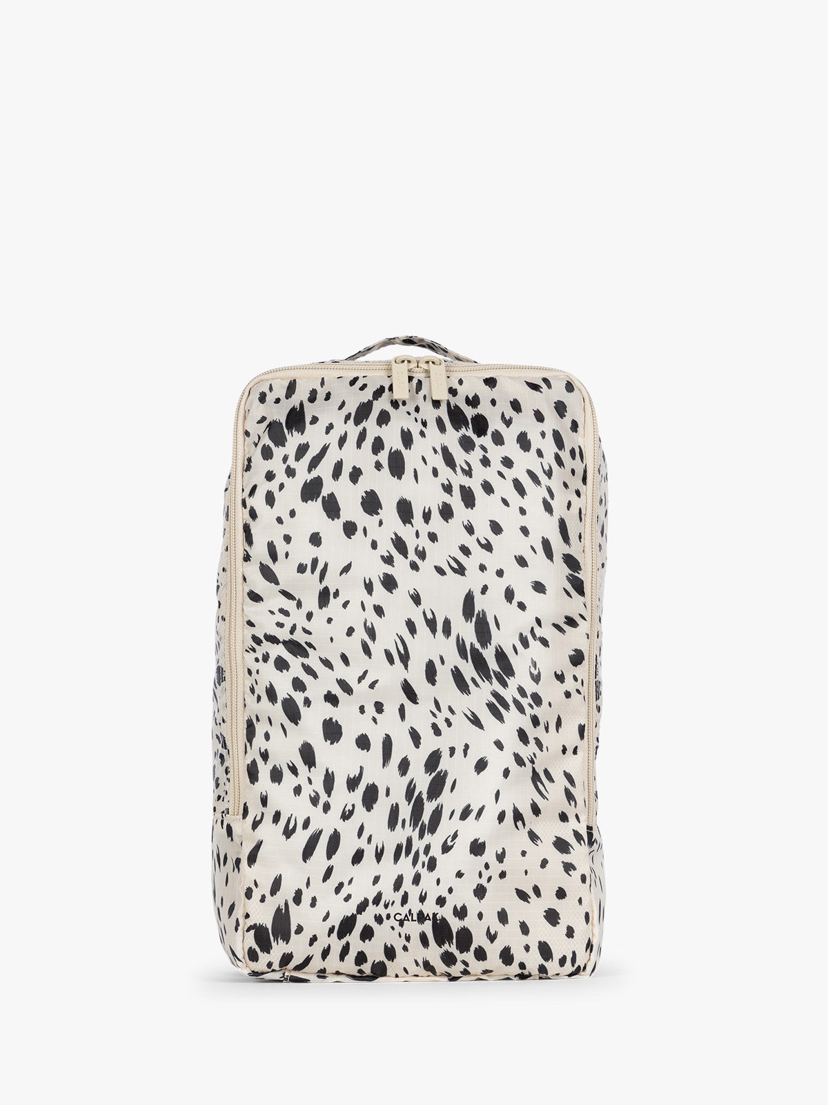 White and black animal print Snow Leopard rectangular CALPAK shoe cube with zippers and top handle shown on a plain background; KSB2001-SNOW-LEOPARD