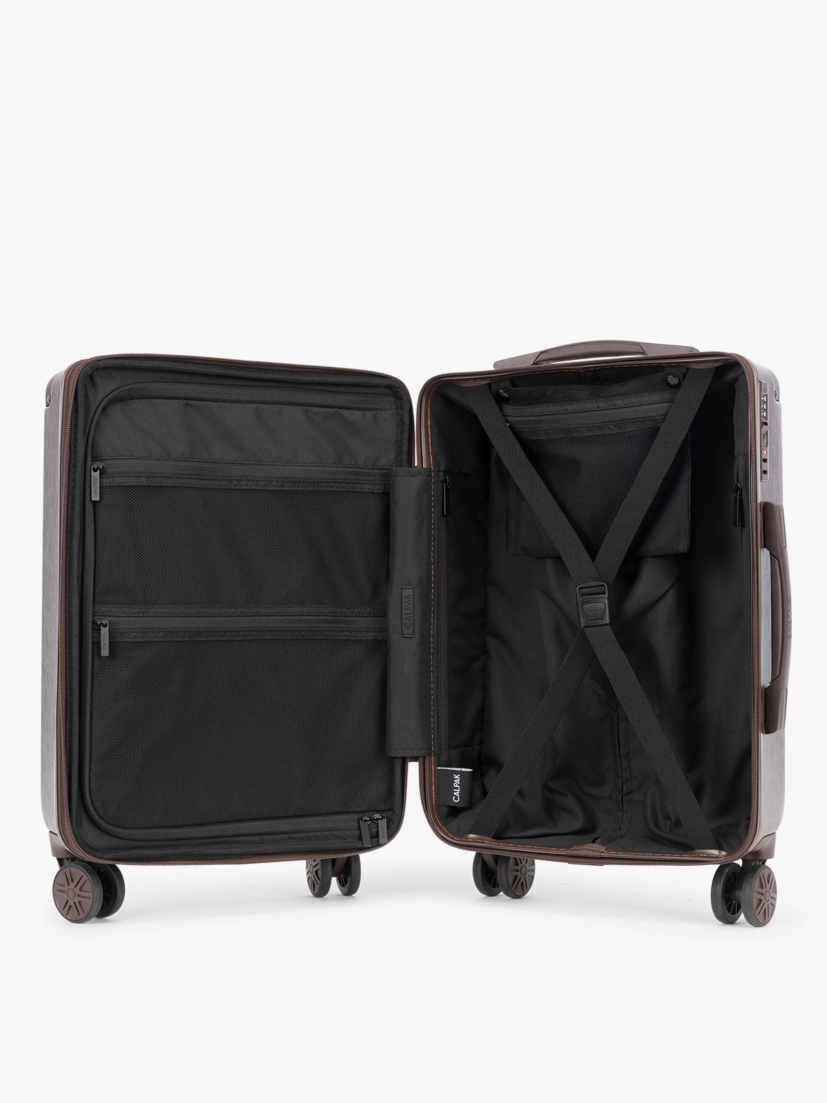 Opened CALPAK Ambeur Large Luggage in brown Walnut with metallic look; LAM1028-WALNUT