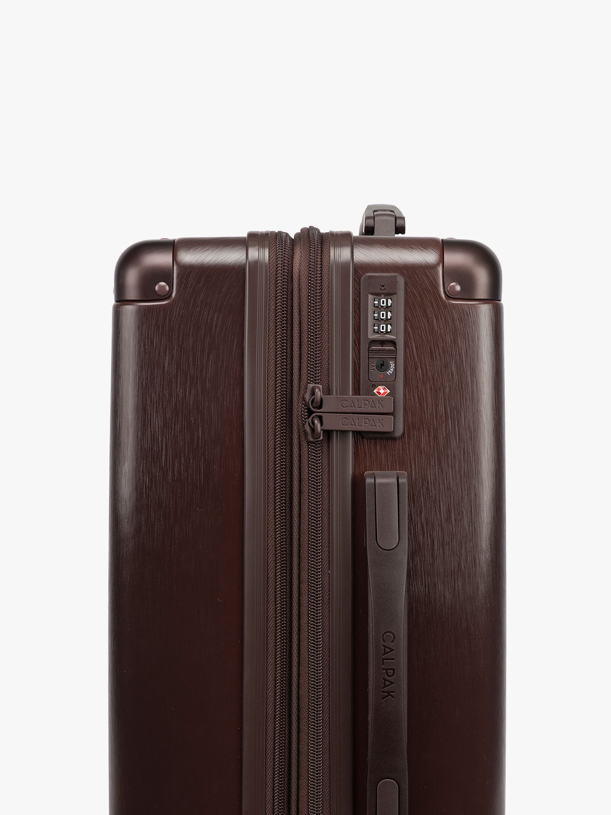 TSA lock of CALPAK Ambeur Large Luggage in brown Walnut with metallic look; LAM1028-WALNUT