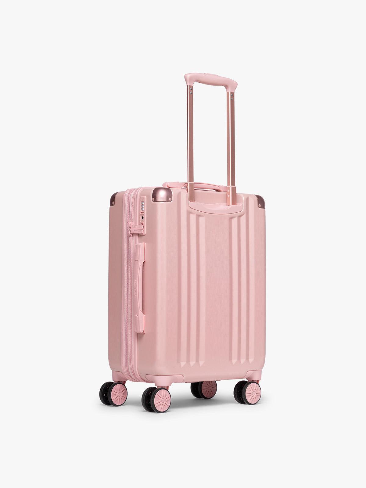 Back view of CALPAK Ambeur Carry-On Luggage in metallic pink Blossom with pink wheels;  LAM1020-BLOSSOM