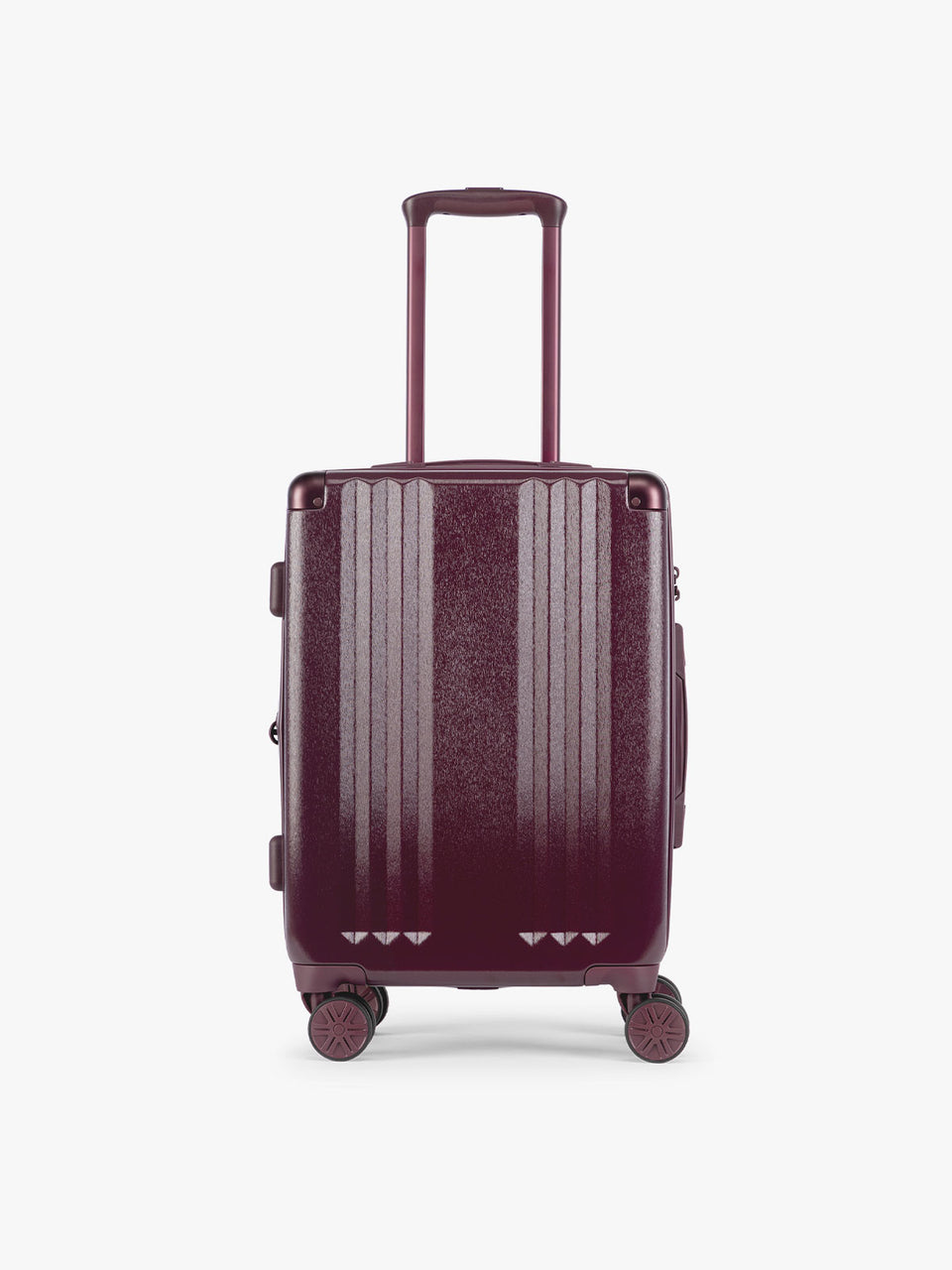 CALPAK Dark Cherry burgundy Ambeur Carry On  hard-shell suitcase with a telescoping handle extended, shown from the front against a plain white background; LAM1020-DARK-CHERRY