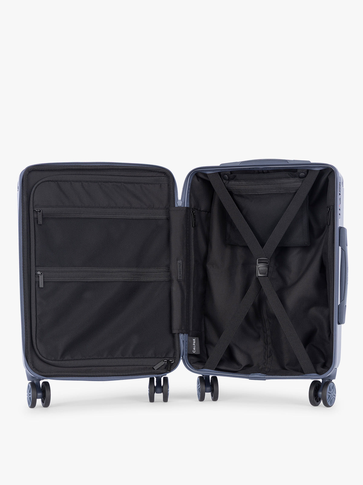 Opened view of  CALPAK Ambeur Carry On Luggage in dark blue metallic Indigo; LAM1020-INDIGO