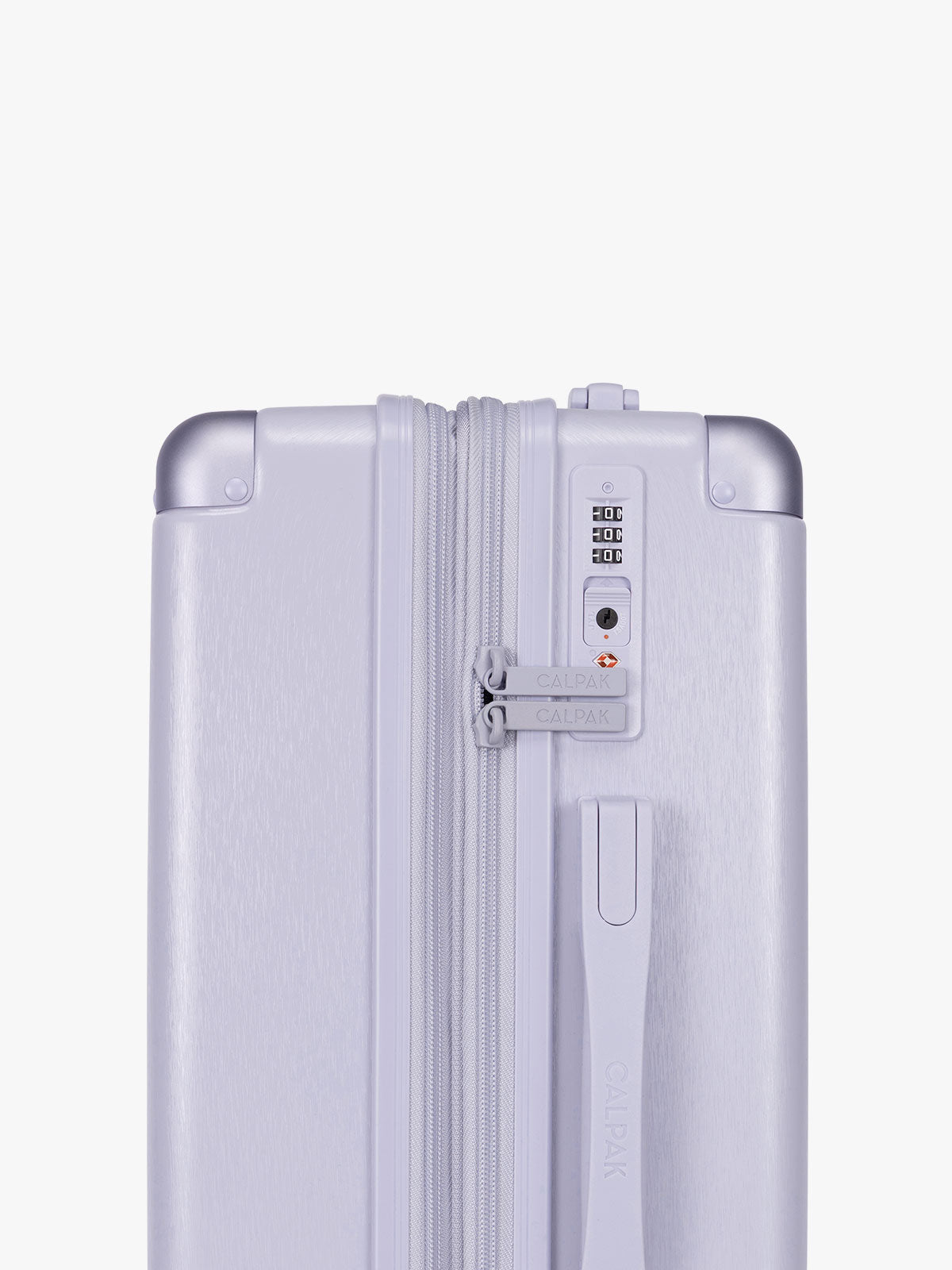Side TSA approved lock of CALPAK Ambeur Large Luggage in light lavender purple with handles and spinner wheels on a white background; LAM1028-SEA-GLASS