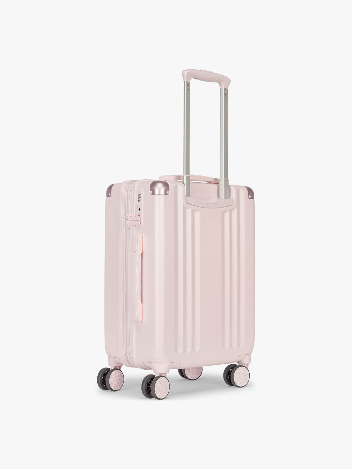 Backside of CALPAK Ambeur Carry On Luggage in light pink Shell Pink with handles and wheels; LAM1020-SHELL-PINK
