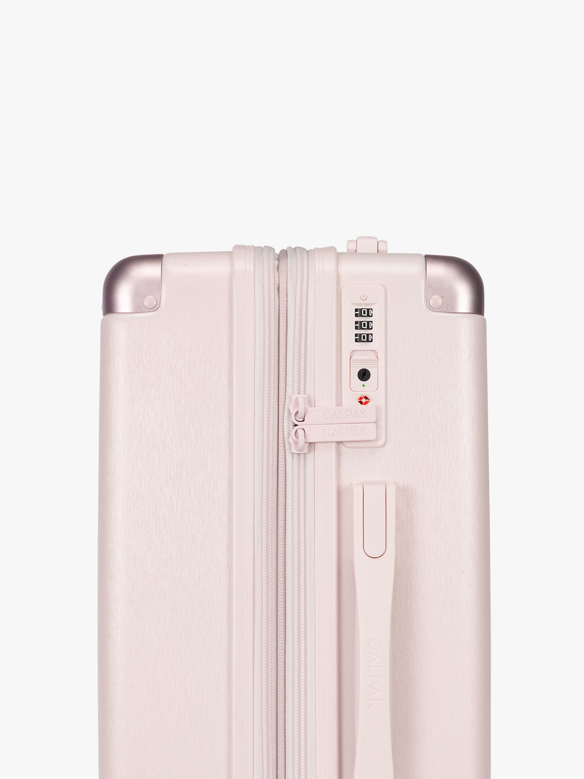 Side TSA approved lock of CALPAK Ambeur Medium Luggage in light pink Shell Pink with handles and wheels; LAM1024-SHELL-PINK