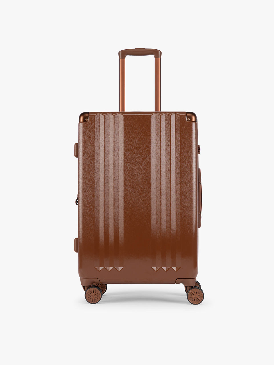 CALPAK Ambeur Medium Luggage in light Honey Brown with vertical ribbed detailing and an extended telescoping handle, shown from the front against a plain white background; LAM1024-HONEY-BROWN