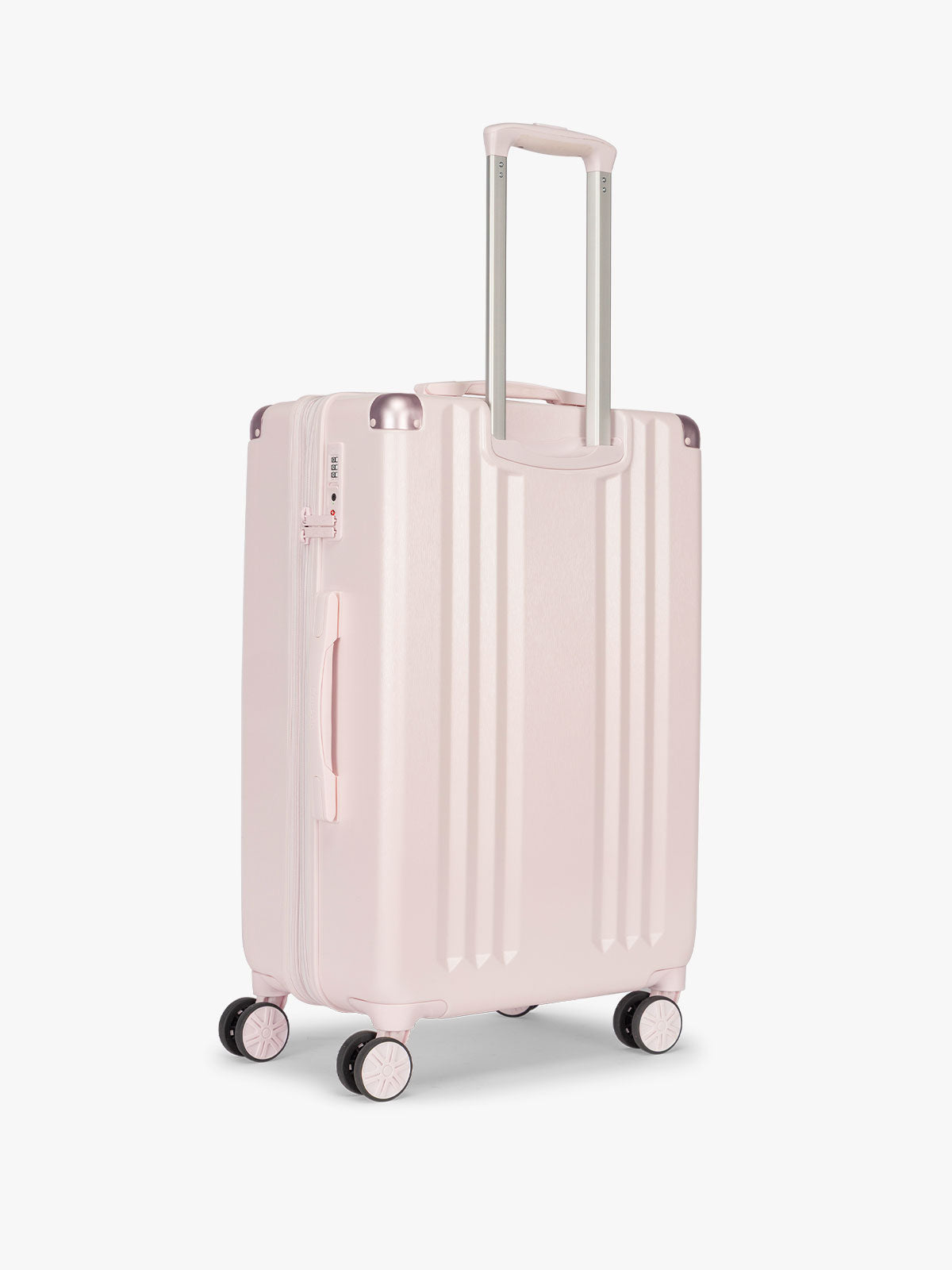 Backside of CALPAK Ambeur Medium Luggage in light pink Shell Pink with handles and wheels; LAM1024-SHELL-PINK