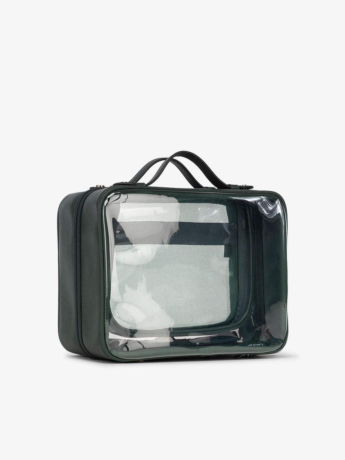 CALPAK clear case with dual handles and mesh interior compartment in emerald; CCC2001-EMERALD