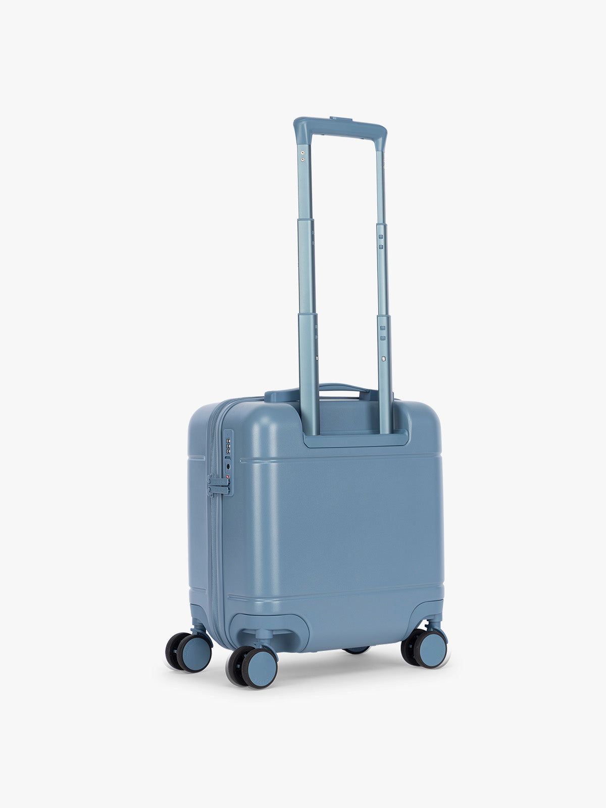Back view of CALPAK Hue Mini Carry On in light blue French Blue with Gingham interior; LHU1014-FRENCH-BLUE