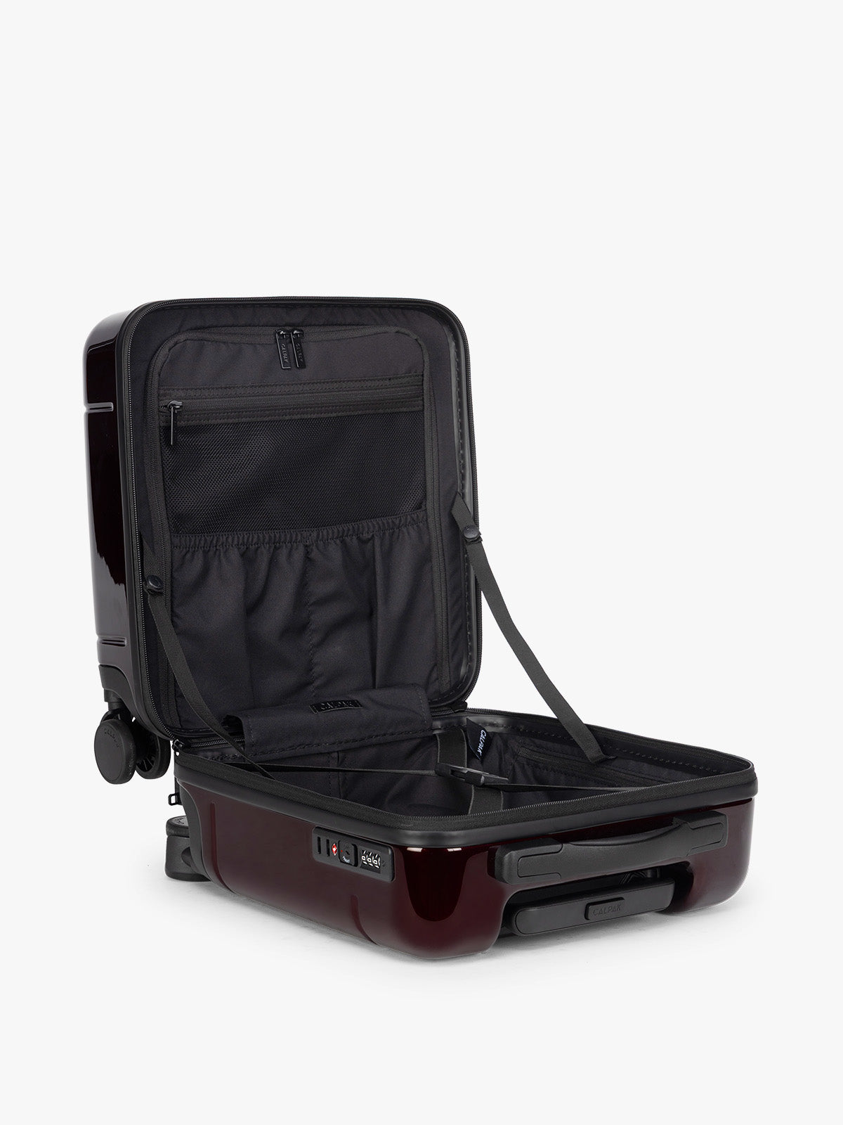 CALPAK Glazed Dark Cherry Hue Mini Carry On Red suitcase with a black handle open view on a white background; LHU1014-GLAZED-DARK-CHERRY