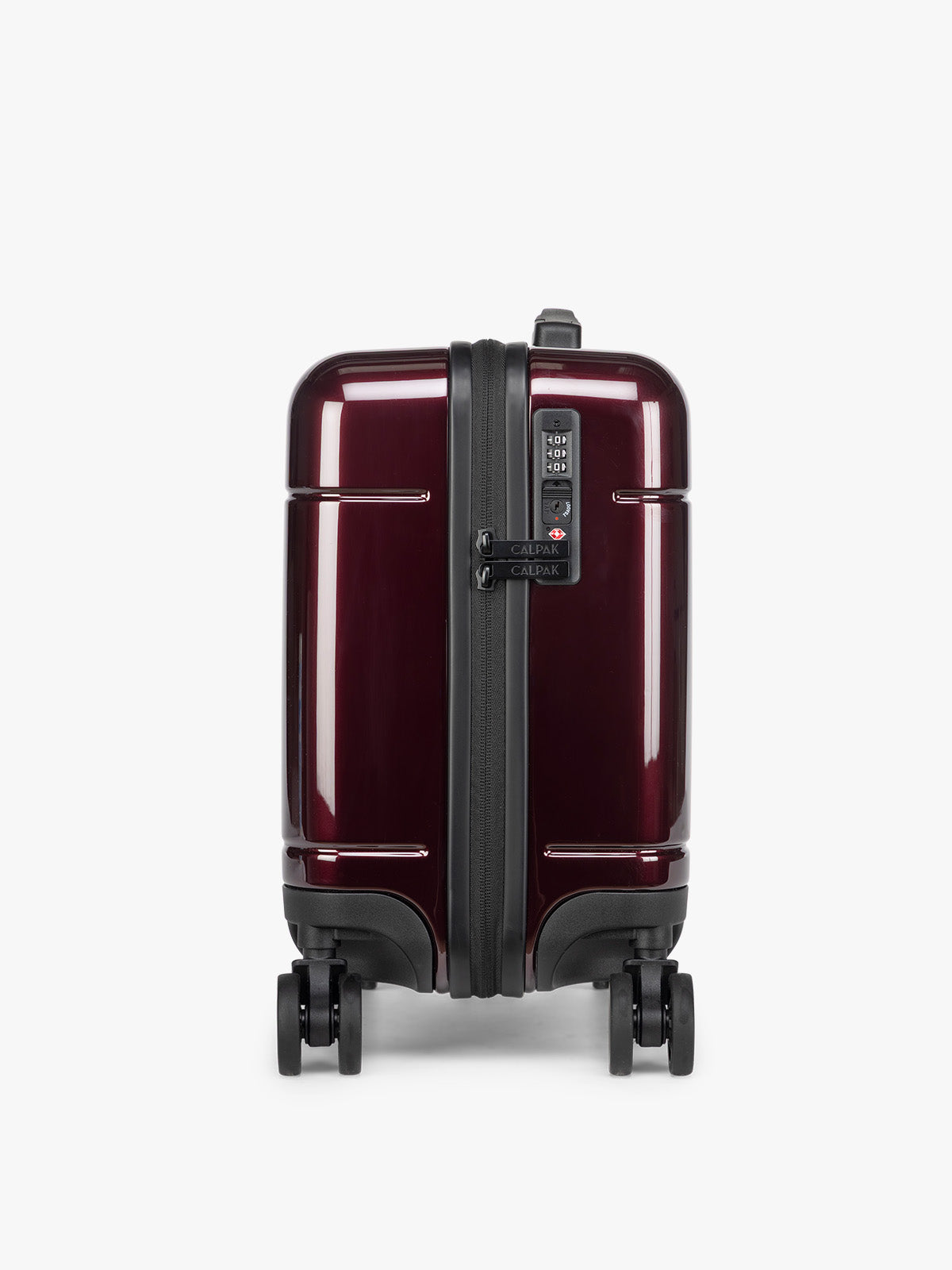 CALPAK Glazed Dark Cherry Hue Mini Carry On Red suitcase with a black handle side view on a white background; LHU1014-GLAZED-DARK-CHERRY