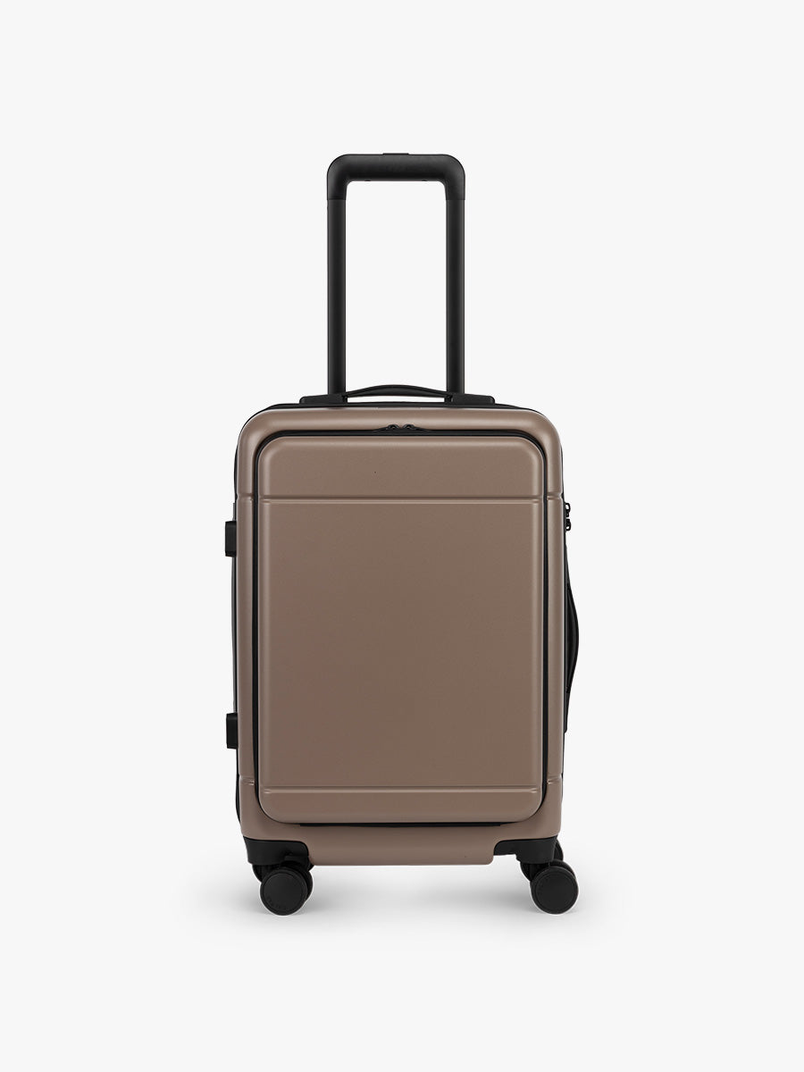 CALPAK Hue Front Pocket Carry On Luggage front view in brown Chocolate; LHU1020-CHOCOLATE