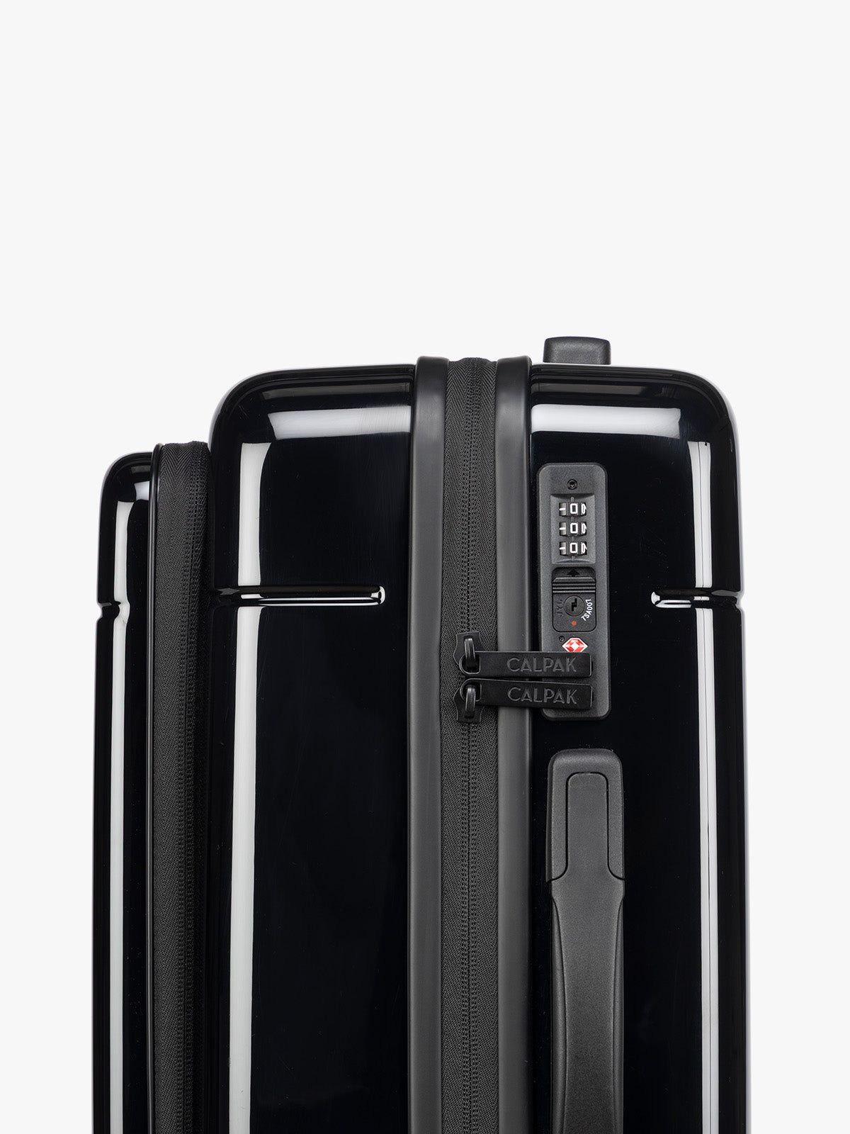 TSA approved lock on CALPAK Hue Front Pocket Carry On Luggage in maroon Glazed Black; LHU1020-GLAZED-BLACK
