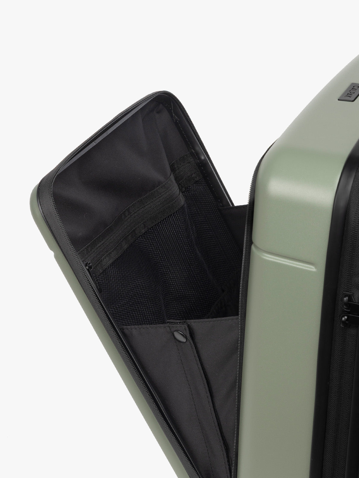 CALPAK Hue Front Pocket Carry On Luggage opened view in green Juniper; LHU1020-JUNIPER
