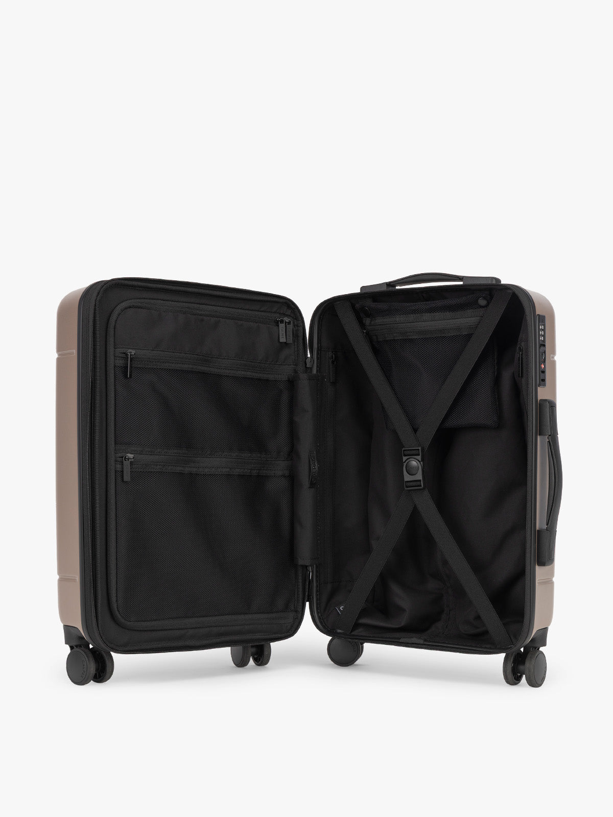 CALPAK Hue Carry On Luggage opened interior view in brown Chocolate; LHU1020-NP-CHOCOLATE