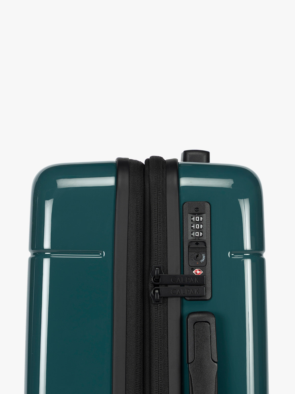 Side view with TSA lock CALPAK Hue Large Luggage in dark green Kale; LHU1028-GLAZED-KALE