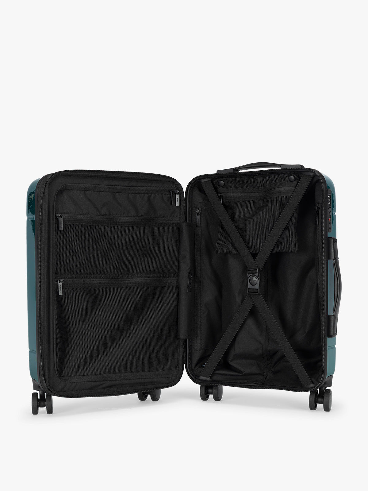 Opened CALPAK Hue Carry On Luggage in dark green Glazed Kale; LHU1020-NP-GLAZED-KALE