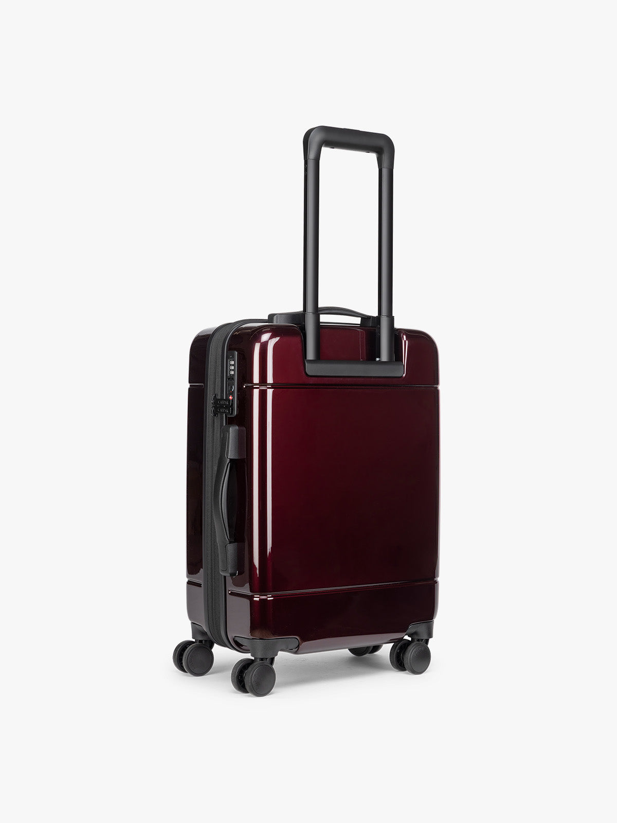 CALPAK Hue Carry On Luggage in Dark Cherry Red back view  on white background; LHU1020-NP-GLAZED-DARK-CHERRY