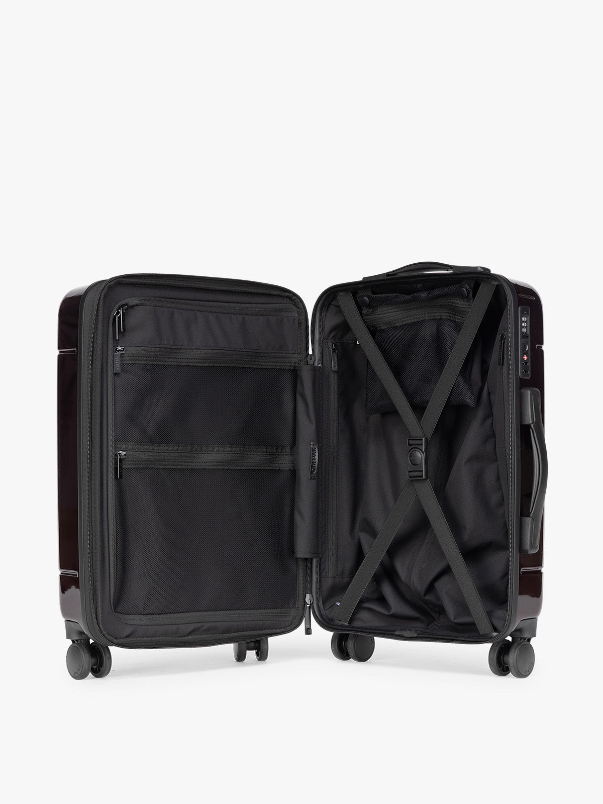 Opened interior of CALPAK Hue Front Pocket Carry On Luggage in maroon Glazed Dark Cherry ; LHU1020-GLAZED-DARK-CHERRY