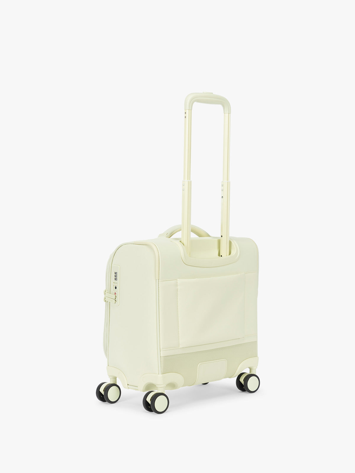 Backside of CALPAK Luka Soft-Sided Mini Carry On Luggage in light green Celadon with spinner wheels and handle; LSM1014-CELADON
