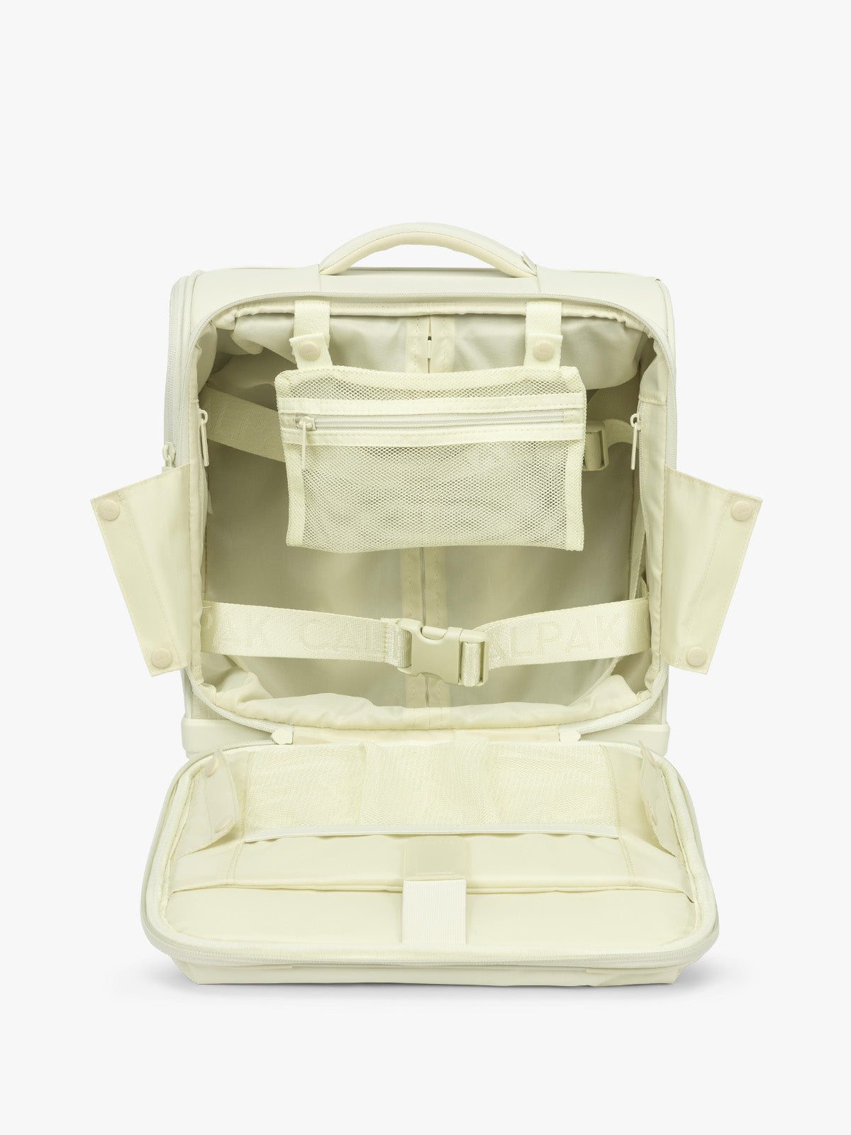 Interior with pockets and compartments of CALPAK Luka Soft-Sided Mini Carry On Luggage in light green Celadon with spinner wheels and handle; LSM1014-CELADON