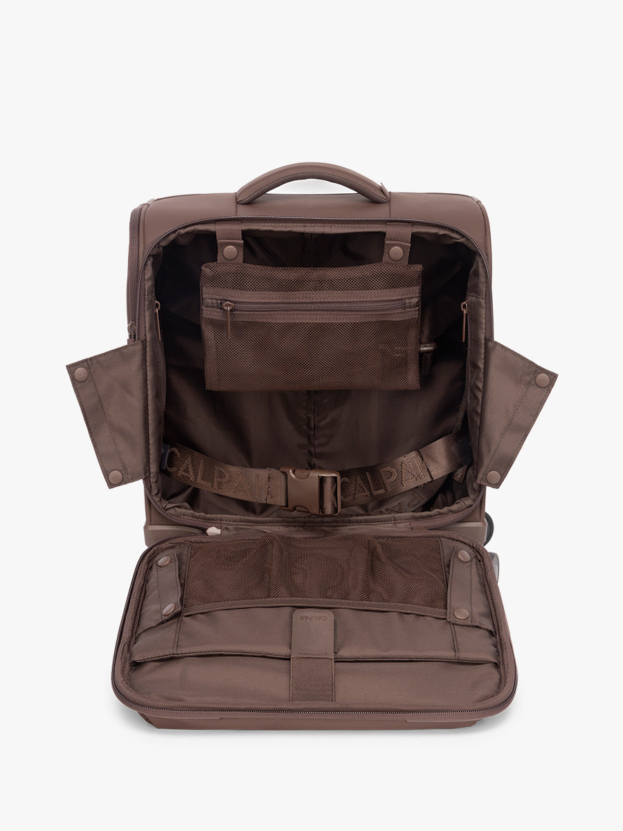 Opened view of CALPAK Mini Luka Soft-Sided Carry On Luggage brown Walnut; LSM1014-WALNUT