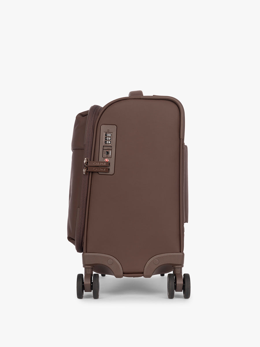 Side view of CALPAK Mini Luka Soft-Sided Carry On Luggage brown Walnut; LSM1014-WALNUT
