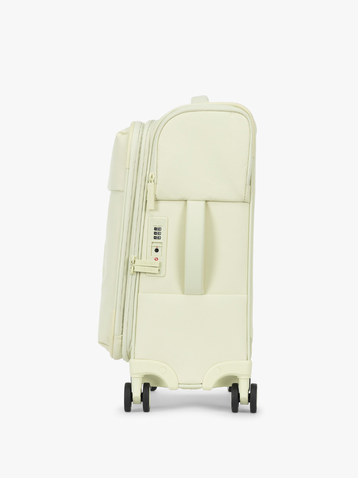 Side view and TSA approved lock of CALPAK Luka Soft-Sided Carry On Luggage in light green Celadon on a white background with handle and spinner wheels; LSM1020-CELADON