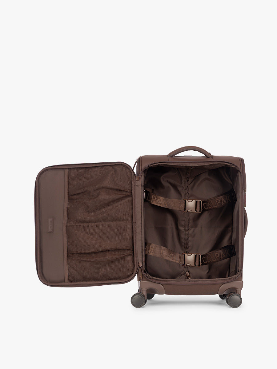 Opened view of CALPAK Luka Soft Sided Luggage in brown Walnut; LSM1020-WALNUT