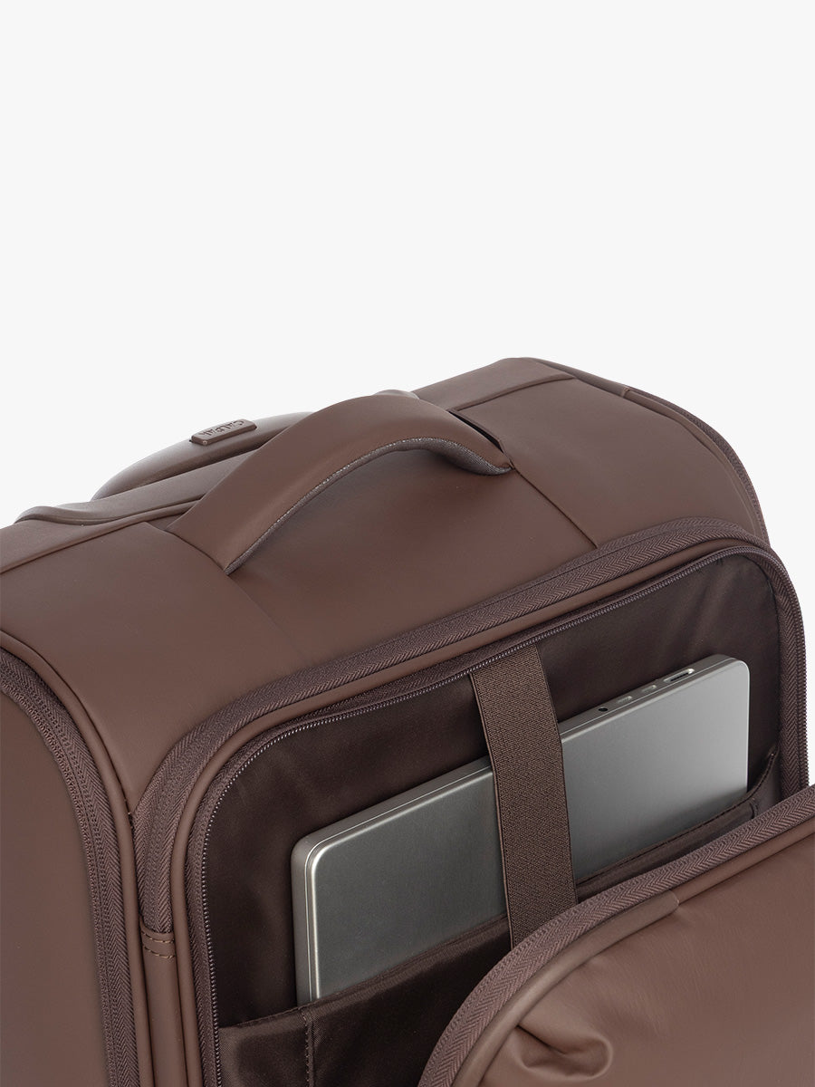 Top handle of CALPAK Luka Soft Sided Luggage in brown Walnut; LSM1020-WALNUT