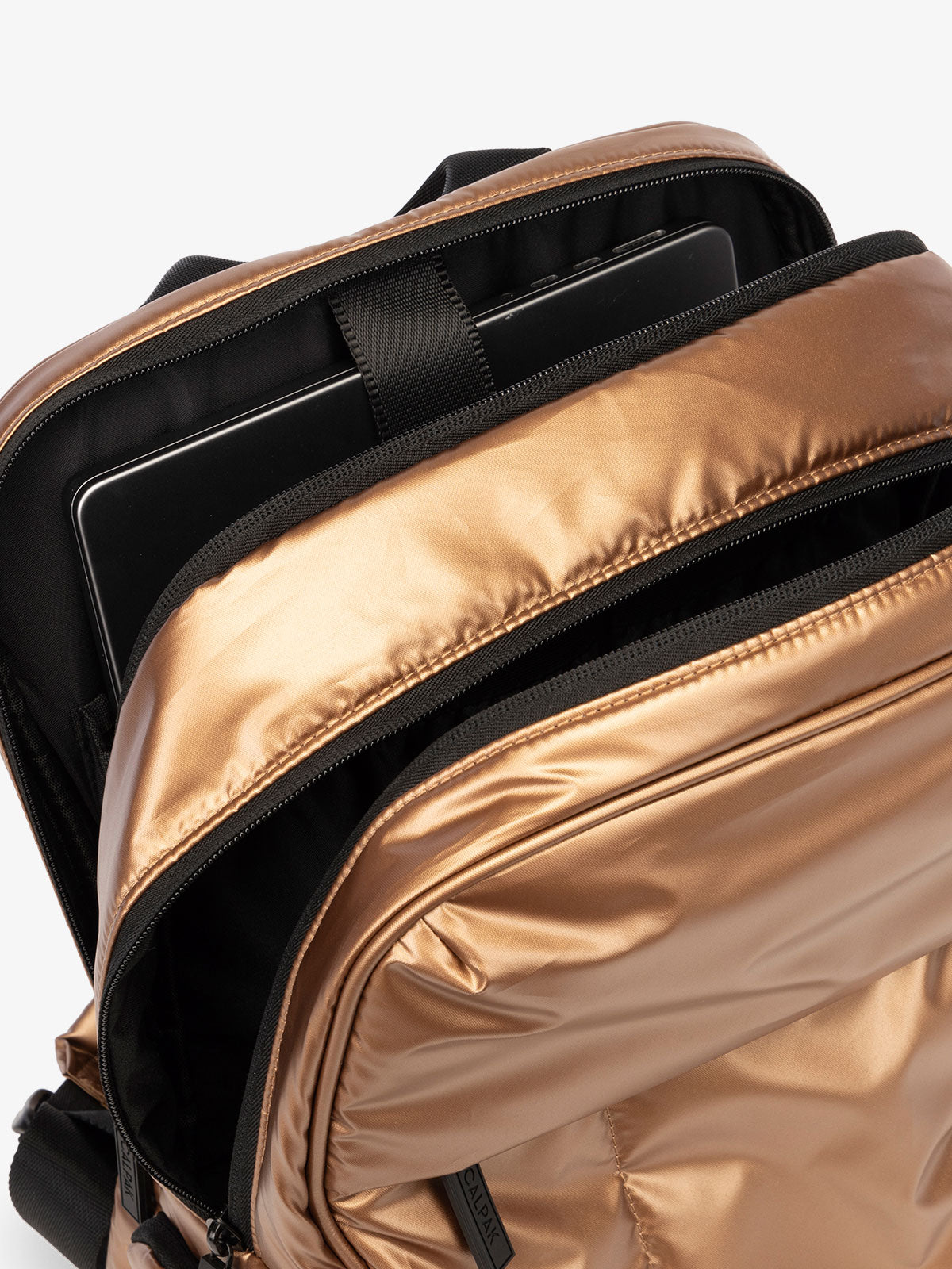 CALPAK Luka 15 Inch Laptop Backpack with soft puffy exterior and multiple pockets in metallic copper; BPL2001-COPPER