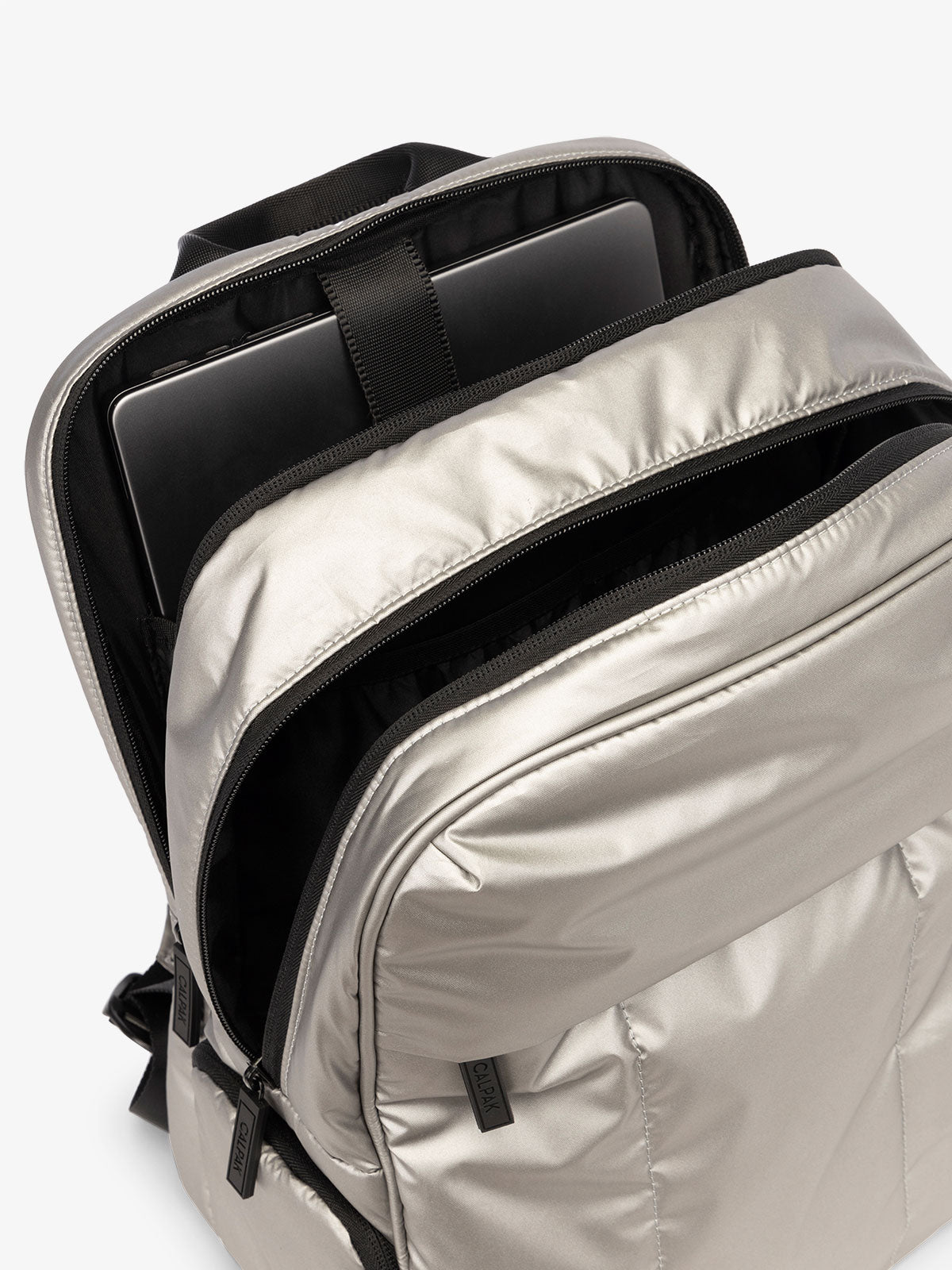 CALPAK Luka 15 Inch Laptop Backpack with soft puffy exterior and multiple pockets in metallic gray; BPL2001-GUNMETAL