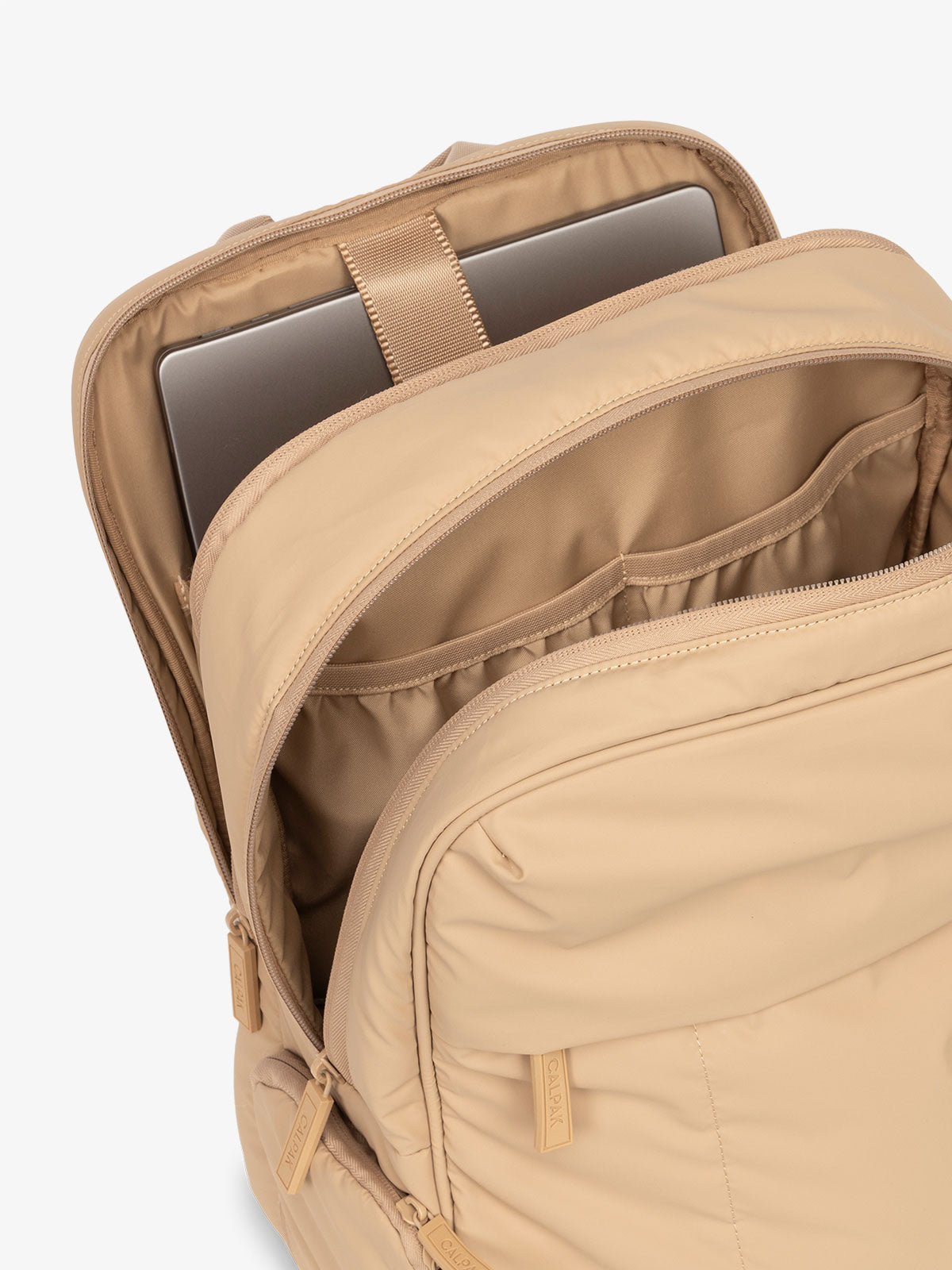CALPAK Luka 15 Inch Laptop Backpack with soft puffy exterior and multiple pockets in light brown; BPL2001-LATTE