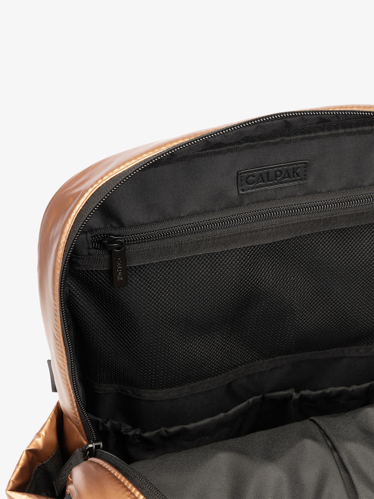 CALPAK Luka Laptop puffy Backpack for school with mesh pocket interior in metallic copper; BPL2001-COPPER