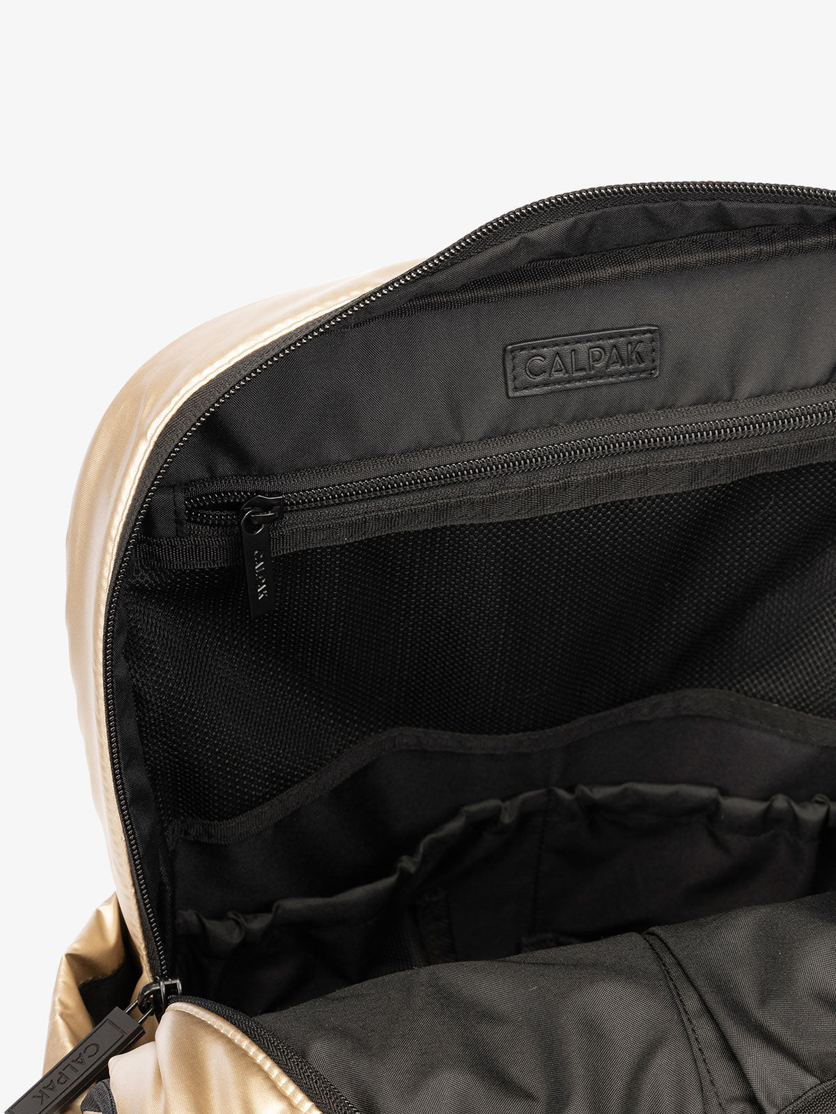 CALPAK Luka Laptop puffy Backpack for school with mesh pocket interior in gold; BPL2001-GOLD