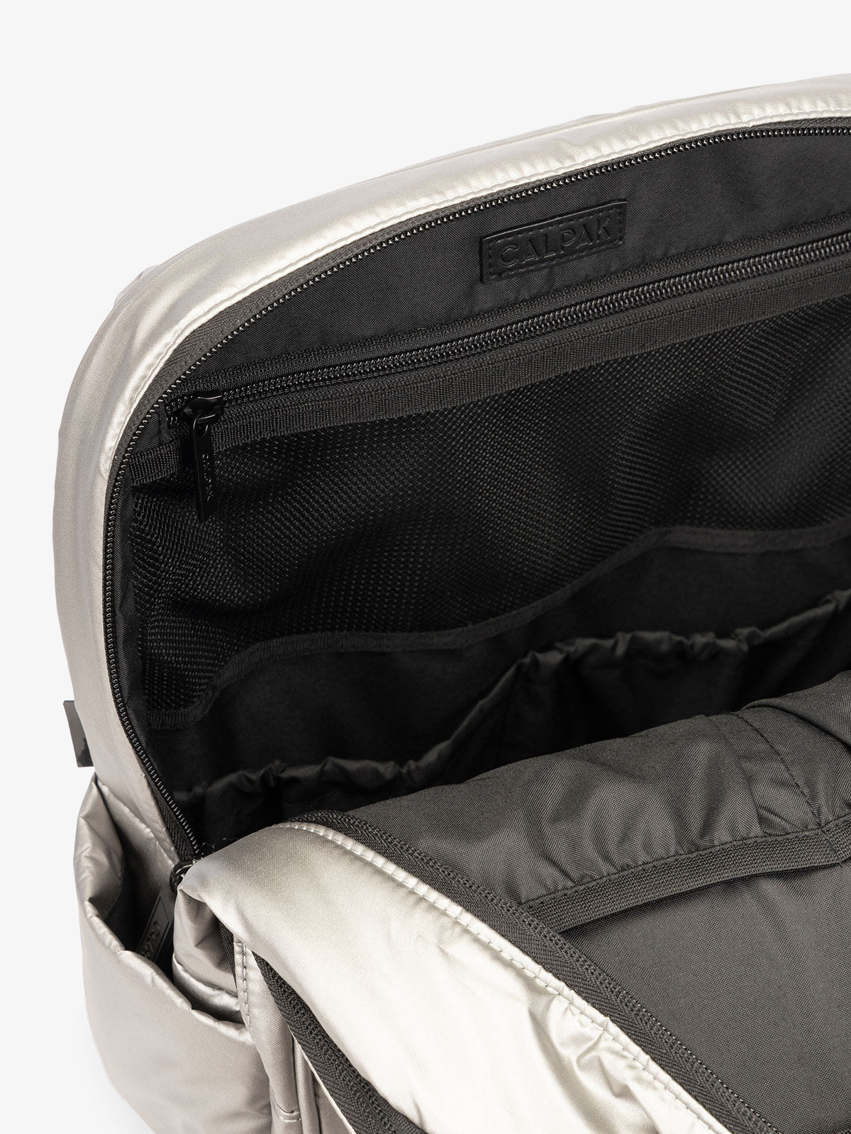 CALPAK Luka Laptop puffy Backpack for school with mesh pocket interior in silver; BPL2001-GUNMETAL