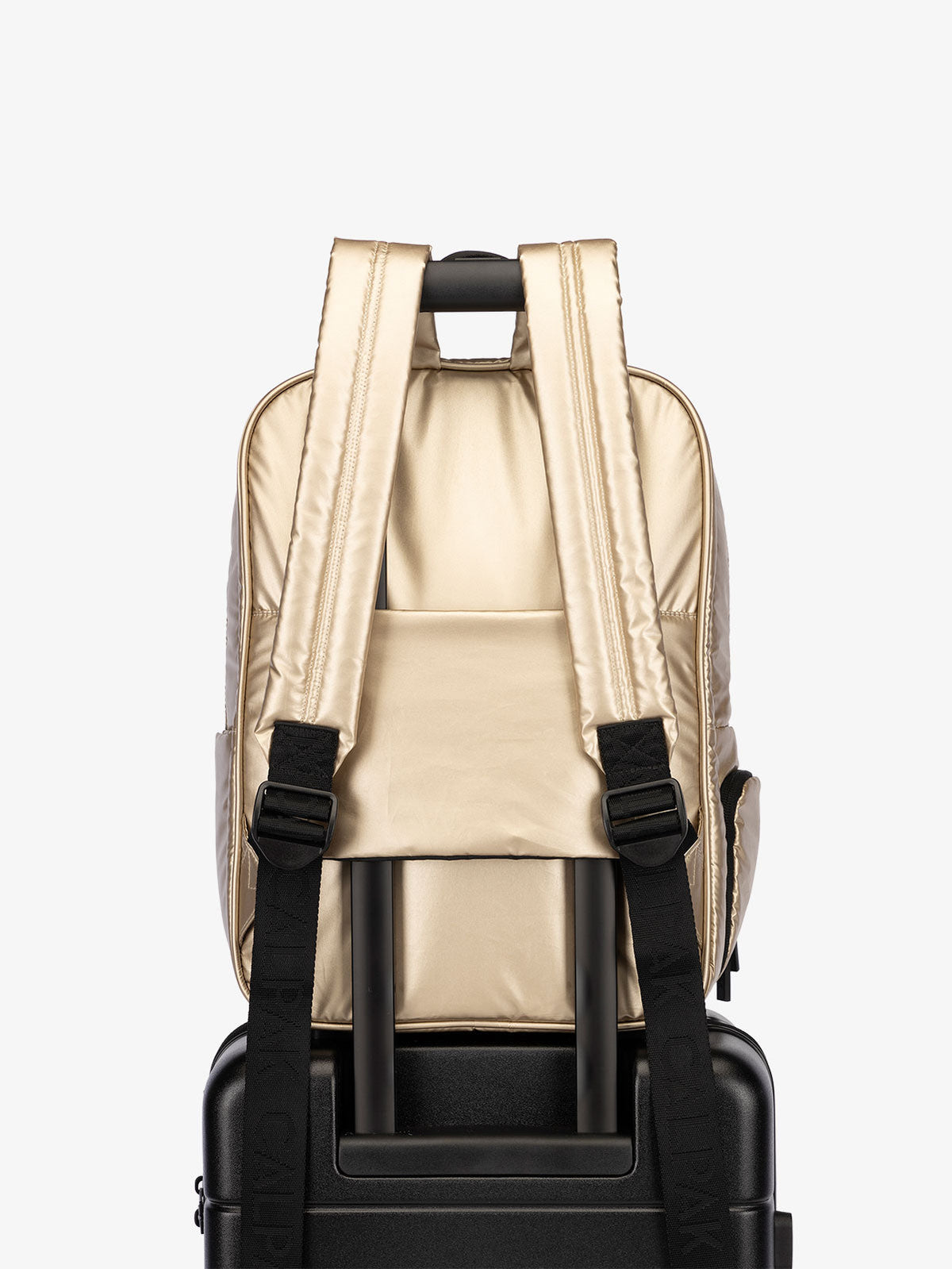 CALPAK water resistant Luka Laptop Backpack with adjustable shoulder straps and trolley sleeve in metallic gold; BPL2001-GOLD