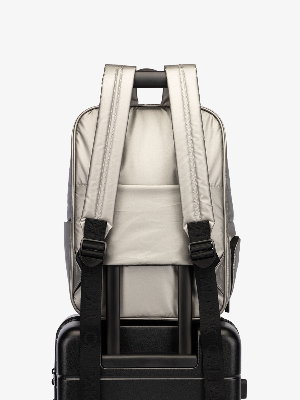 CALPAK water resistant Luka Laptop Backpack with adjustable shoulder straps and trolley sleeve in metallic silver; BPL2001-GUNMETAL