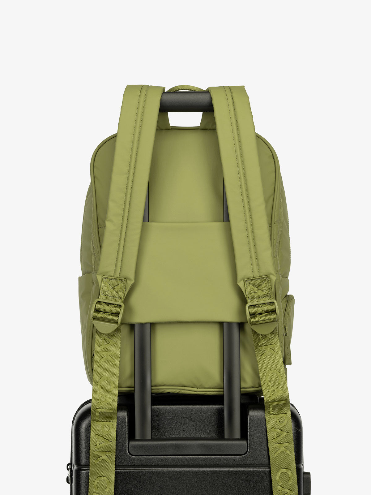 CALPAK water resistant Luka Laptop Backpack with adjustable shoulder straps and trolley sleeve in pistachio; BPL2001-PISTACHIO