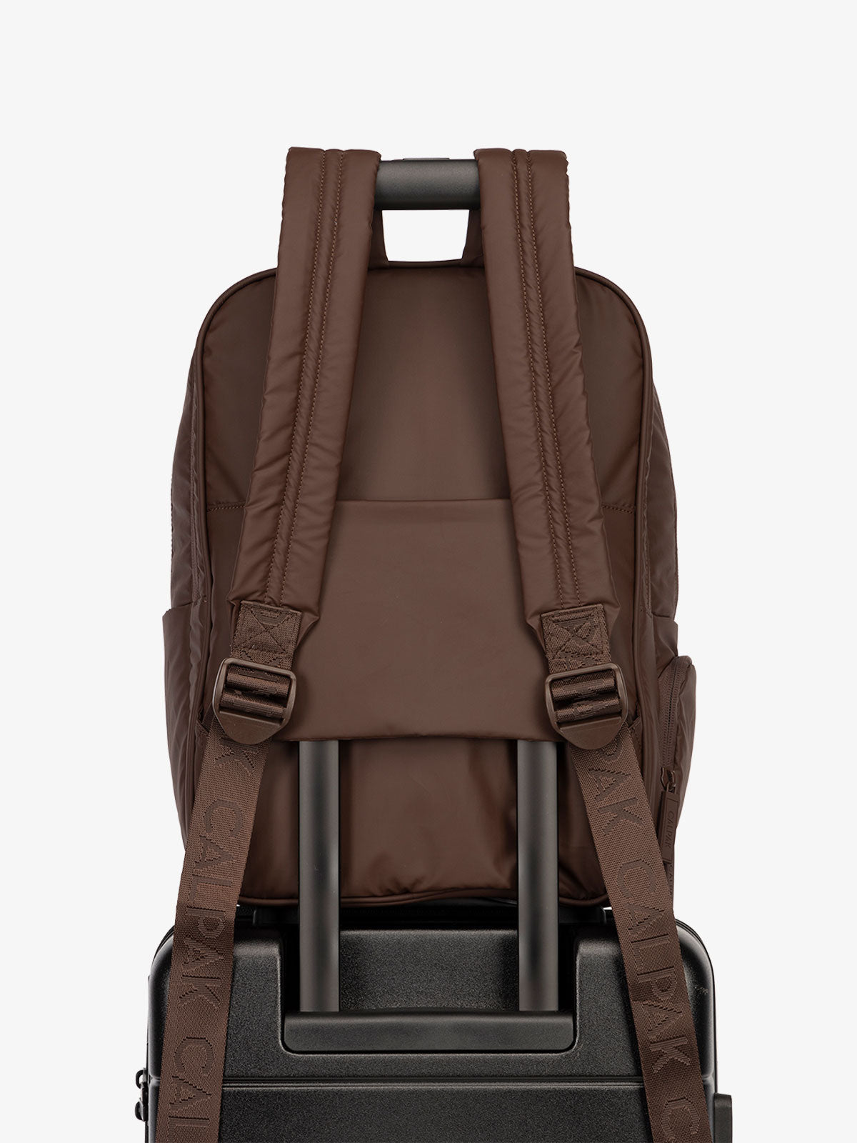 CALPAK water resistant Luka Laptop Backpack with adjustable shoulder straps and trolley sleeve in walnut; BPL2001-WALNUT
